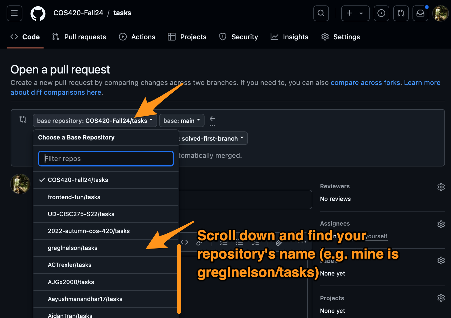 A screenshot of the Pull Request menu on Github